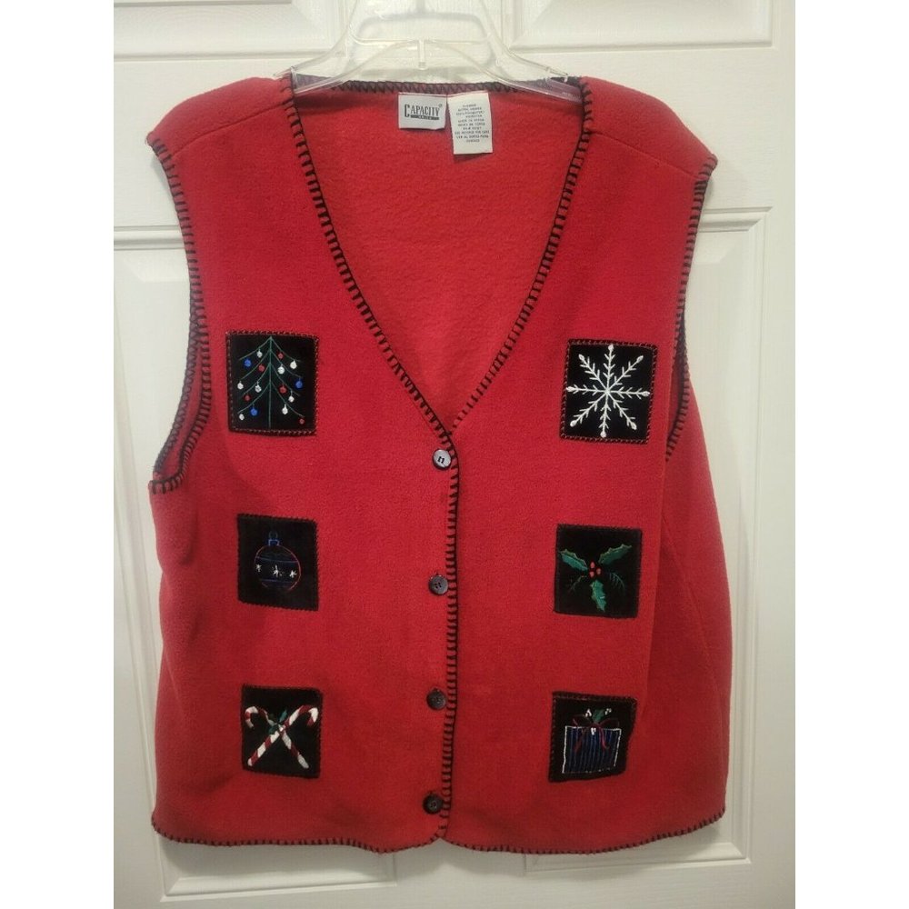 Womens Fleece Holiday Vest XL Red Ugly Christmas